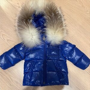 Moncler Blue Puffer Jacket with Fur Trim